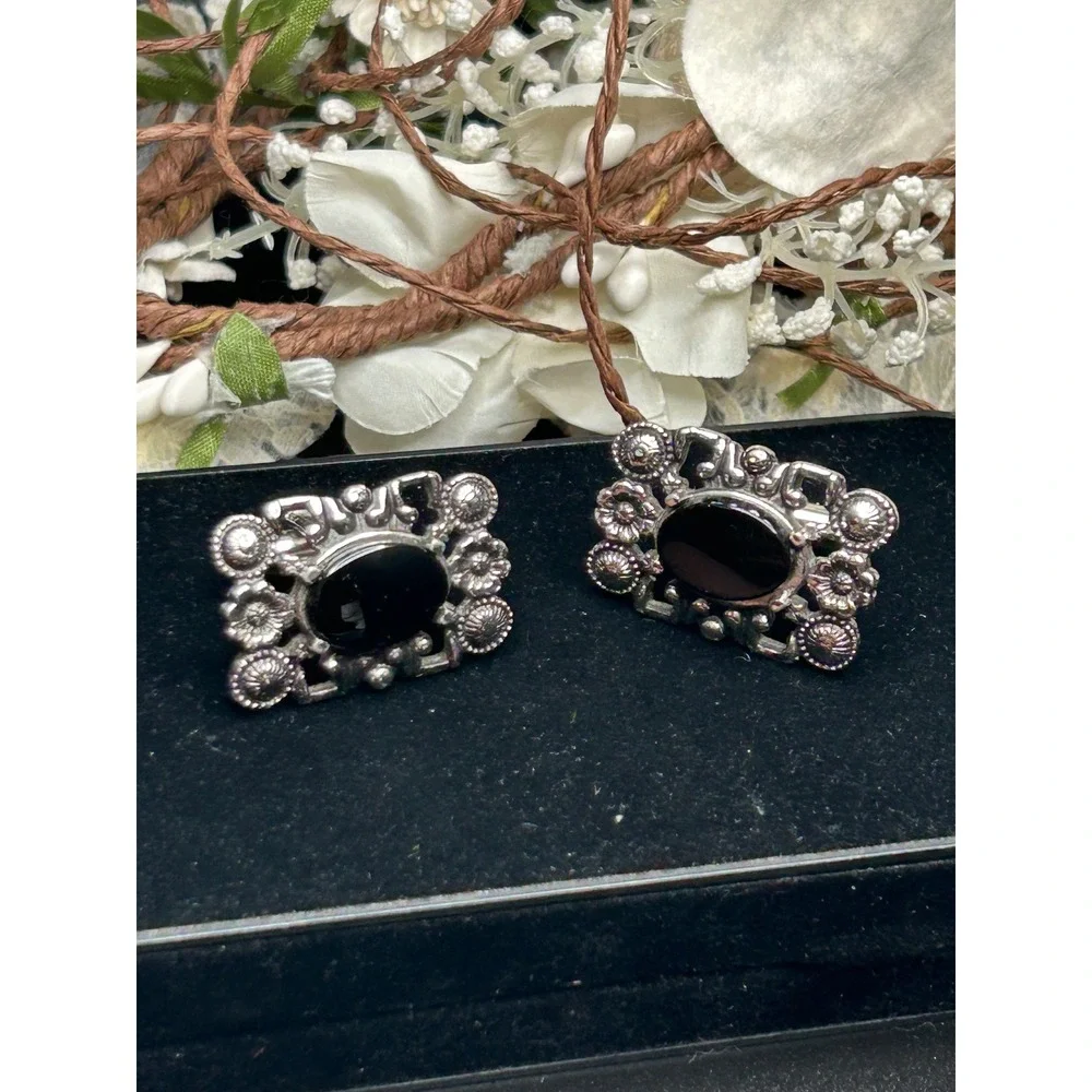 Vintage Black Onyx Style Silver Tone Cufflinks Ornate Victorian Gothic Mens‎